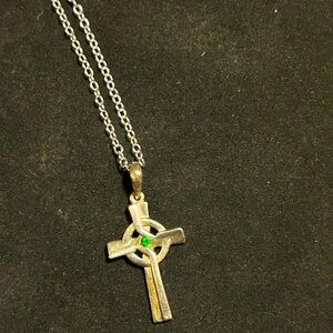 Sterling Silver Cross pendant with Green Crystal w/ sterling chain